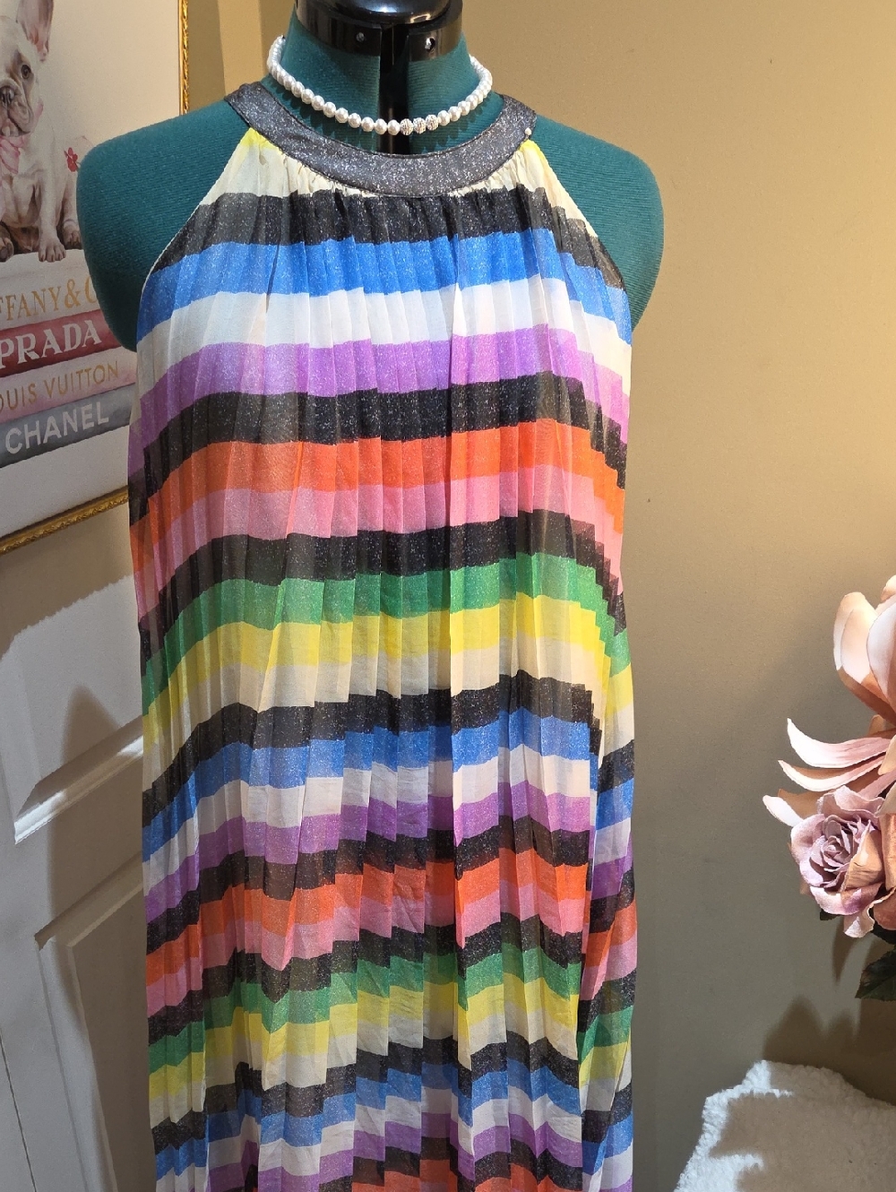 Nwot Large New York Company Colorful Striped Halter Maxi Dress With Belt - Picture 12 of 17